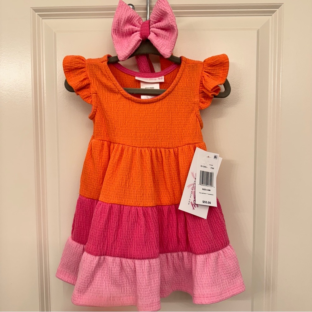 Bonnie Baby Orange and Pink Dress with Bow and Bloomers - New with Tags